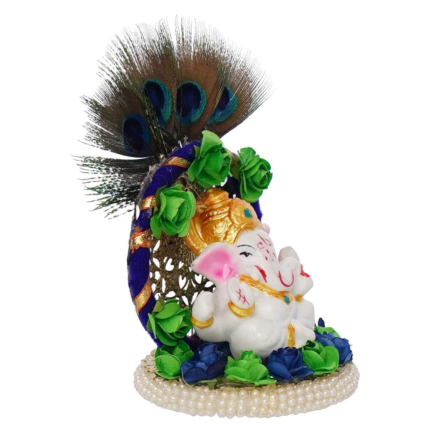 eCraftIndia Lord Ganesha Idol on Decorative Handcrafted Floral Plate with Peacock Feather for Home and Car