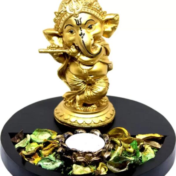 Lord Ganesha Statue with Tealight Holder Wooden Base Decorative Showpiece.