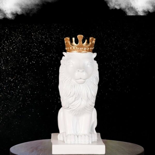 Lion Statue with Gold Crown, King of The Forest Lion Statue,Glod Crown Lion Figurine (White). Size 7x11 inches