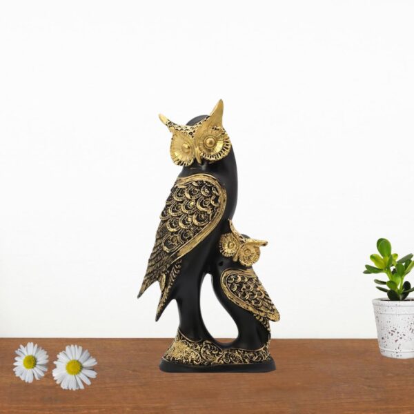 Owl Family Statue, Black and Gold Finish, Handmade Animal Figurines for Home Decor, Resin Showpiece for Living Room. Size 6x12 inches.