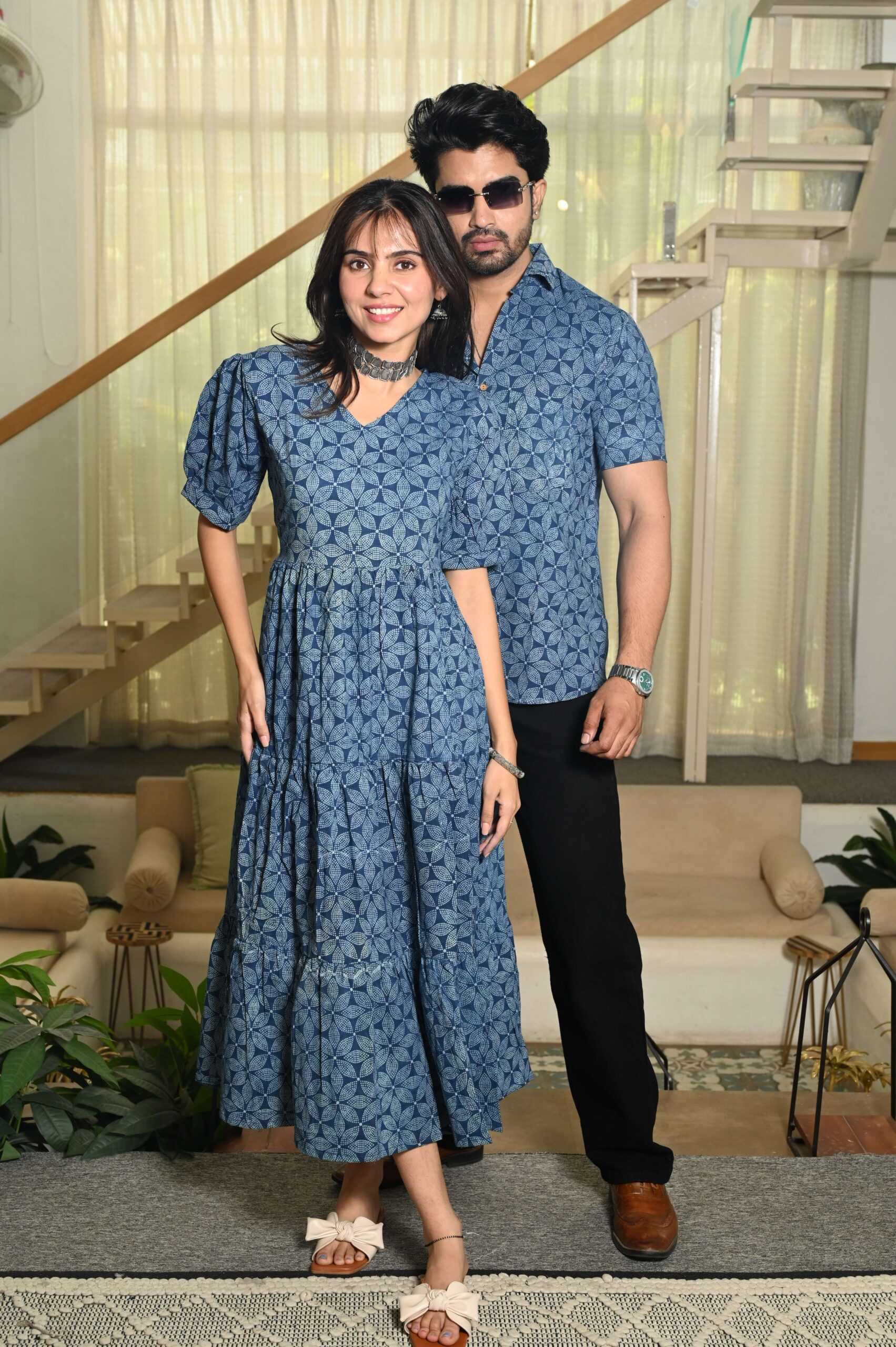 Couple Matching Blue Cotton Anarkali Midi Dress and Shirt Set Geometric Block Print