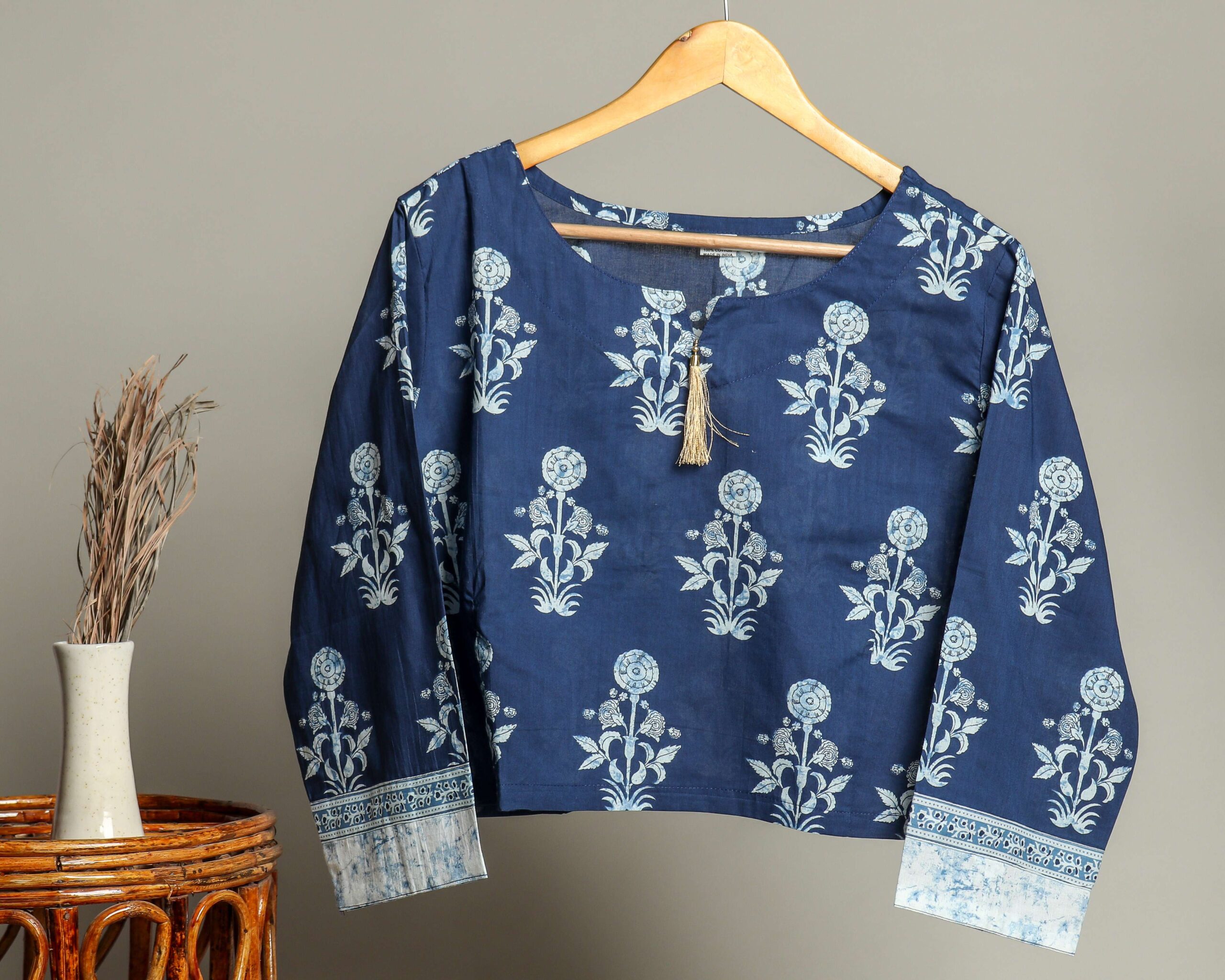 Handmade Block Print Cotton for Women Ethnic Floral Printed Top with Long Sleeves