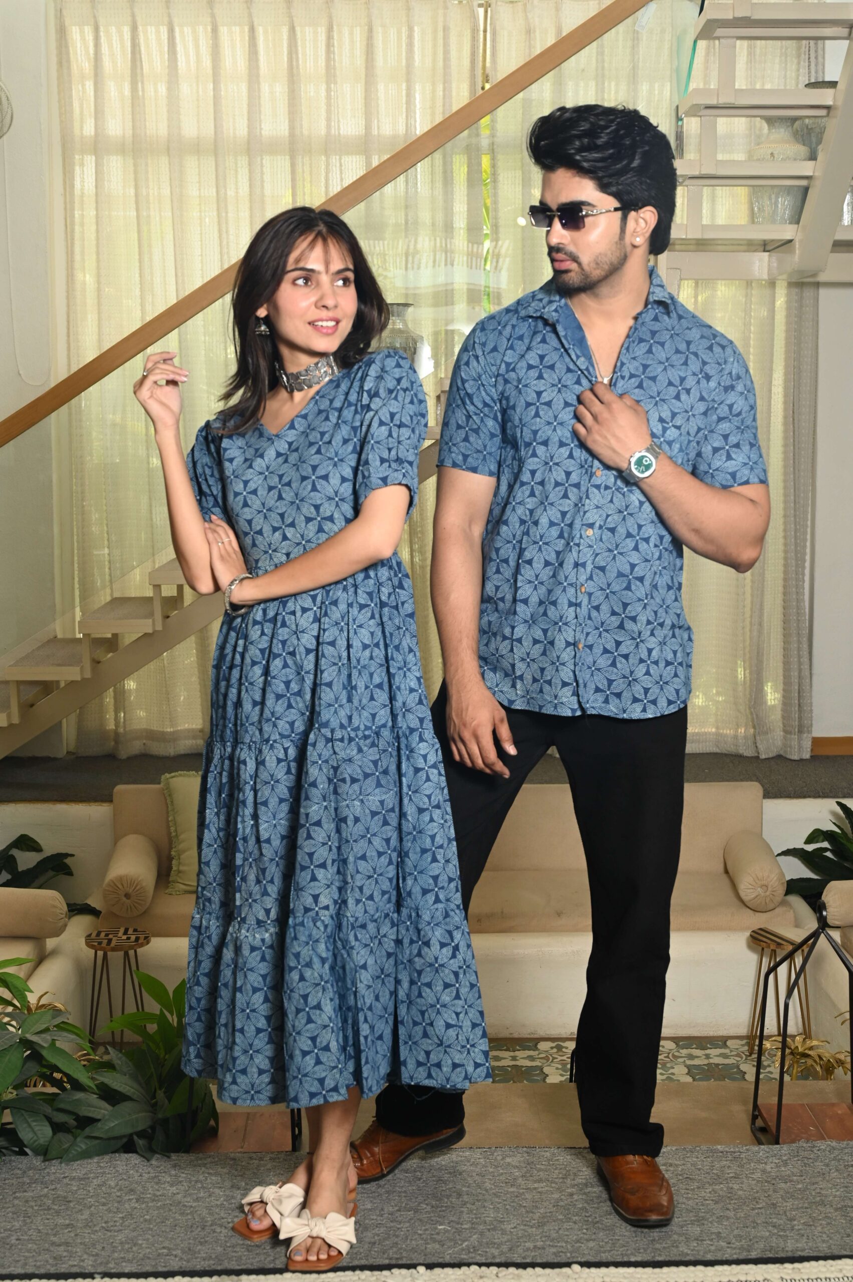 Couple Matching Blue Cotton Anarkali Midi Dress and Shirt Set Geometric Block Print - Image 2