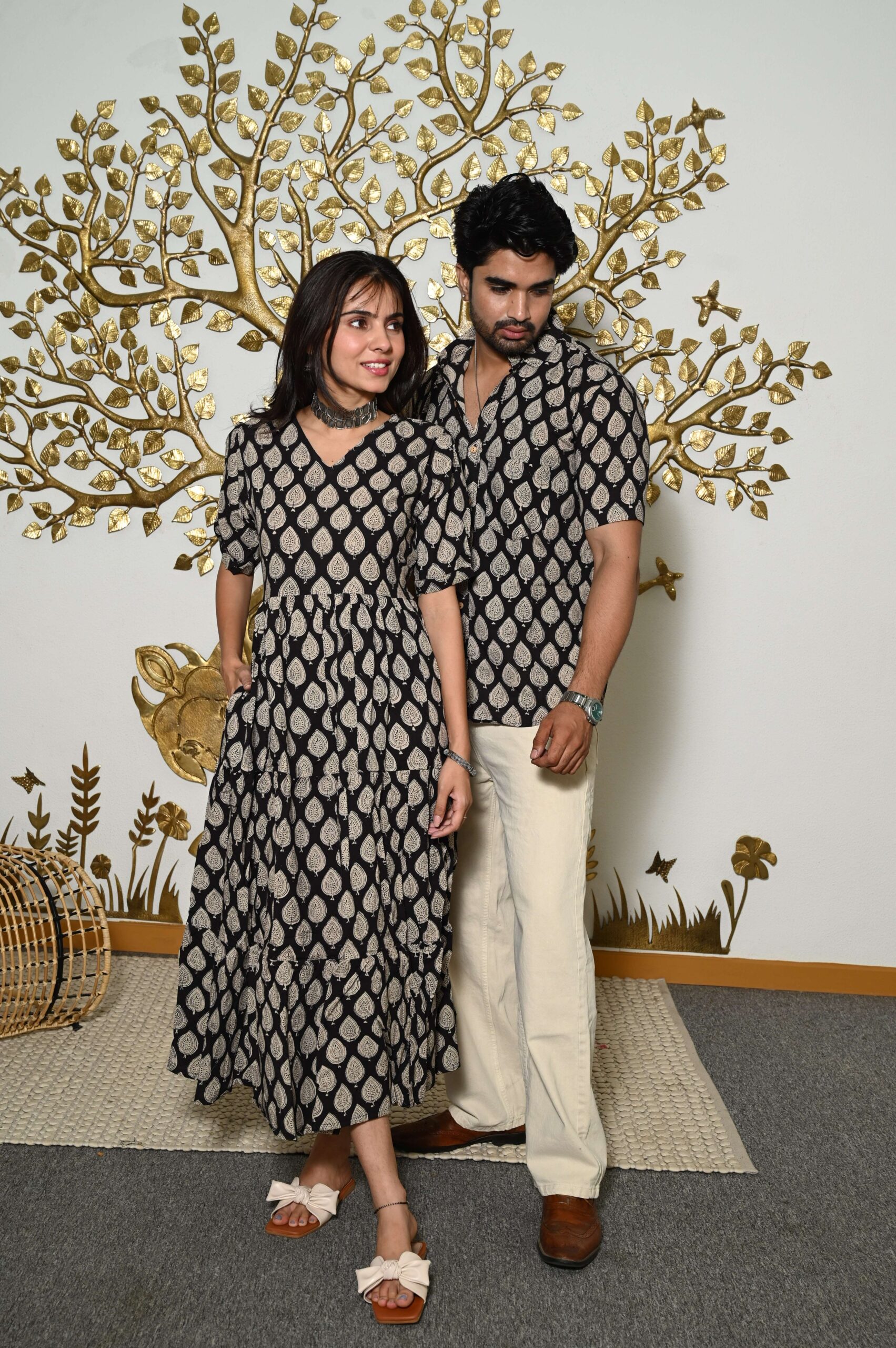 Couple Matching Black & Beige Cotton Anarkali Midi Dress and Shirt Set Leaf Print Twinning Outfit - Image 2