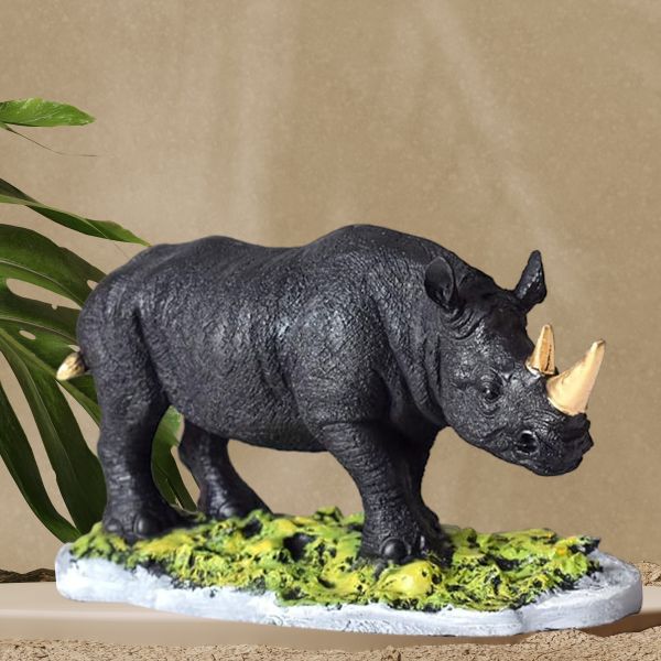 One Horned Rhinoceros Showpiece Table Accent Collectible Figurines for Home Interior Decor Item Handicraft 12" (Black)