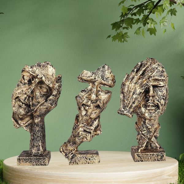 Set of 3 Men Expression Statue Showpiece Figurine Lucky Decorative Items for Home Decor Living Room Office Desktop Decoration & Gifting, Black Golden. Size  3.5x8 inches