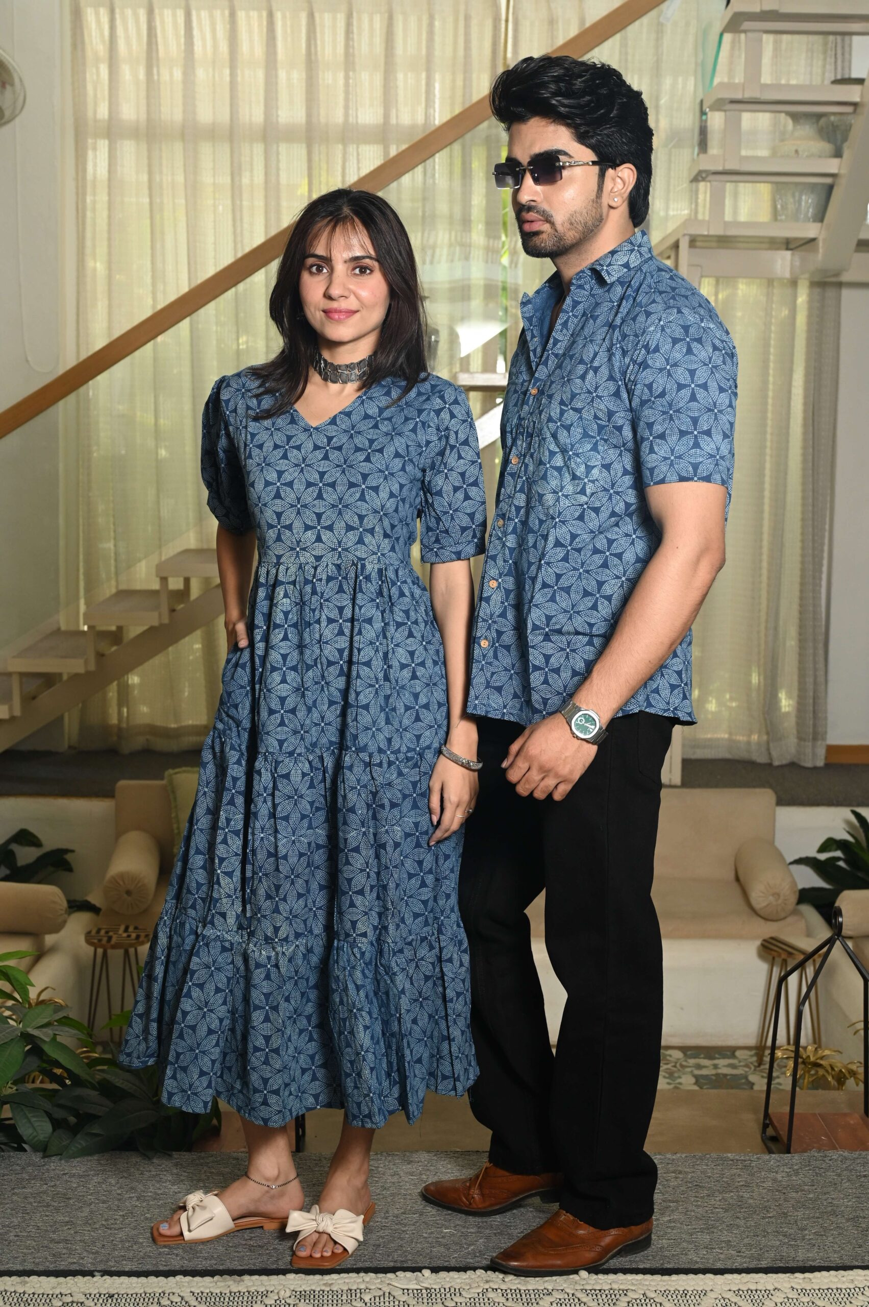 Couple Matching Blue Cotton Anarkali Midi Dress and Shirt Set Geometric Block Print - Image 3