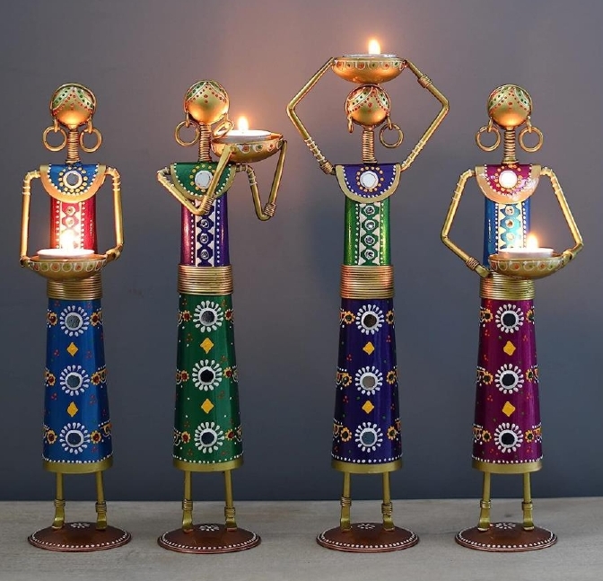 Metal Rajasthani Narega T-Light Showpiece- Set of 4